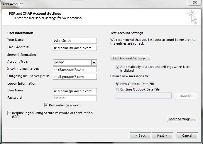 Entering Email credentials for outlook 2013